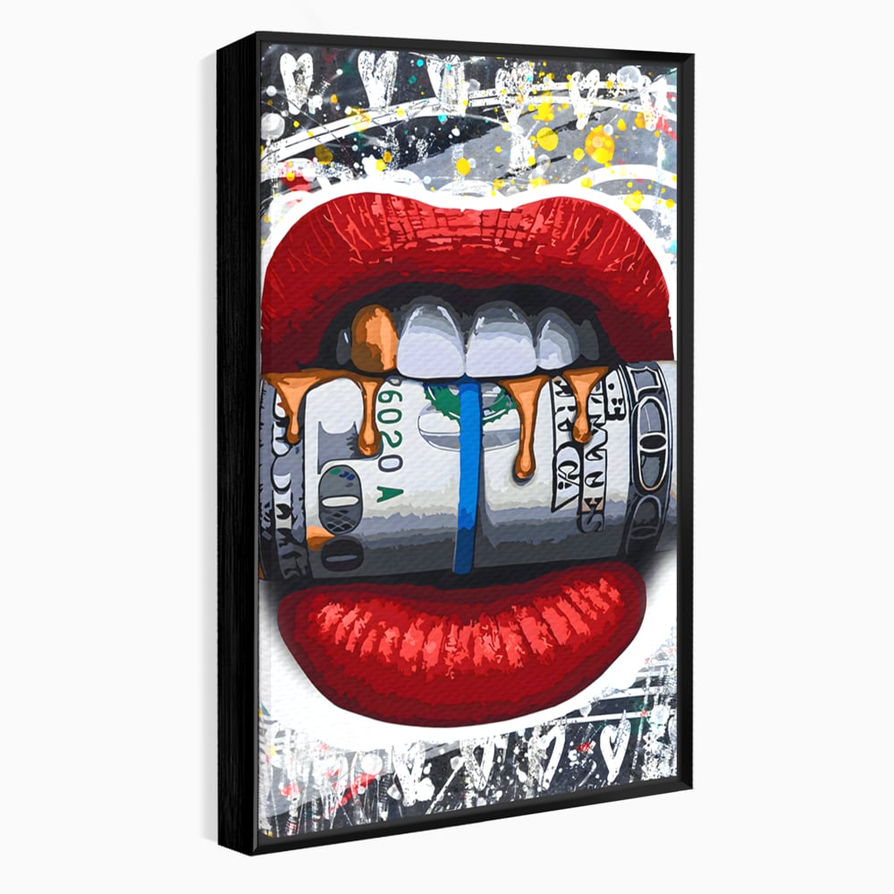 Tablou canvas cu ilustratie digitala buze rosii cu bani, in rama de aluminiu negru